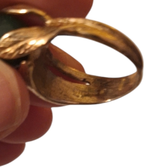 Art Nouveau Gold Washed Sterling Jade Orb Vintage 50's Ring Ladies 5.5 LEAF - Picture 9 of 10